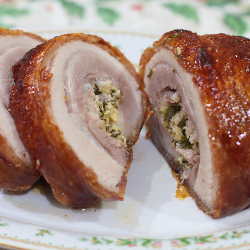 Pork lechon belly with ginger, garlic and scallions